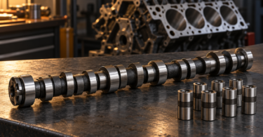 Conceptual illustration of an unbranded camshaft and a small group of lifters on a workshop bench, with an engine block behind them.