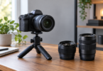 An unbranded mirrorless camera on a tabletop tripod sits beside two interchangeable lenses on a wooden desk.