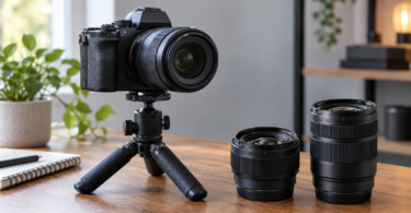 An unbranded mirrorless camera on a tabletop tripod sits beside two interchangeable lenses on a wooden desk.