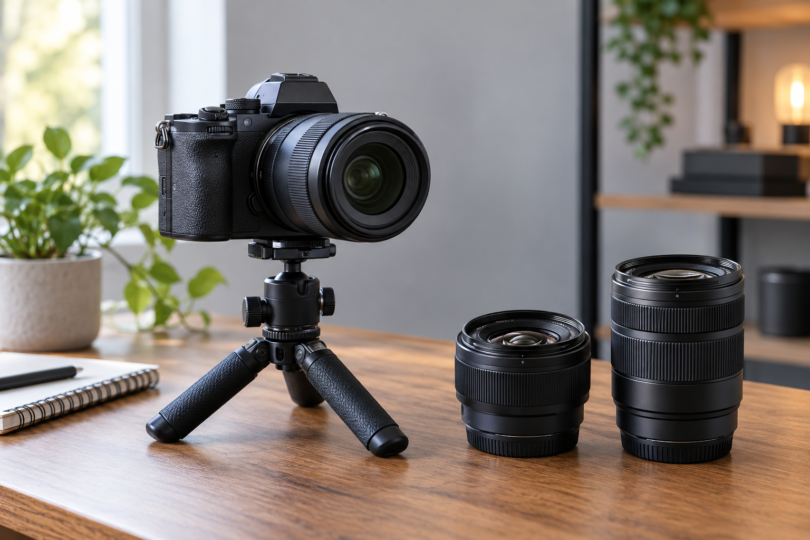 An unbranded mirrorless camera on a tabletop tripod sits beside two interchangeable lenses on a wooden desk.
