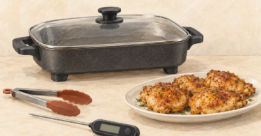Conceptual illustration of a covered unbranded electric skillet, a plate of golden chicken, silicone-tipped tongs and a food thermometer on a cream counter.