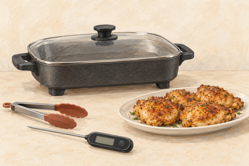 Conceptual illustration of a covered unbranded electric skillet, a plate of golden chicken, silicone-tipped tongs and a food thermometer on a cream counter.
