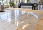 Conceptual image of transparent film overlays on a drafting table, with an unbranded wide-format printer in the background.
