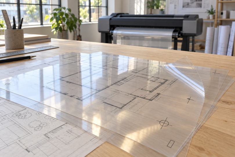Conceptual image of transparent film overlays on a drafting table, with an unbranded wide-format printer in the background.