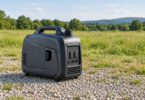 An unbranded portable inverter generator on dry gravel in an open grassy clearing.