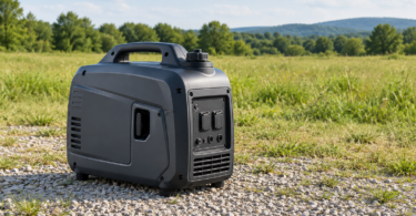 An unbranded portable inverter generator on dry gravel in an open grassy clearing.