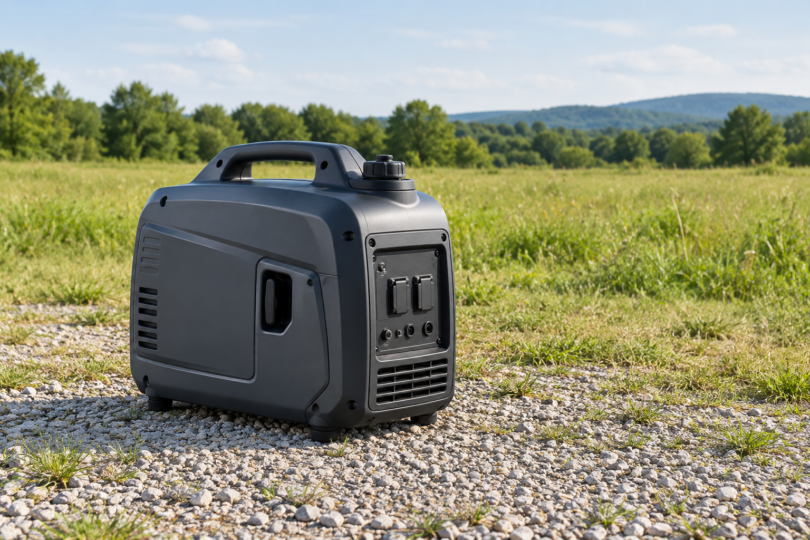 An unbranded portable inverter generator on dry gravel in an open grassy clearing.