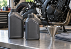 Two unbranded oil bottles, a metal funnel and a folded cloth on a bench in front of a parked motorcycle.