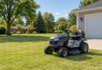 A dark gray riding lawn tractor on a level lawn beside a garage and trees.