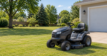 A dark gray riding lawn tractor on a level lawn beside a garage and trees.