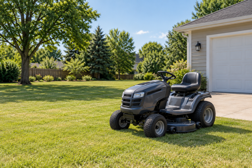 A dark gray riding lawn tractor on a level lawn beside a garage and trees.