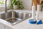 Conceptual image of unbranded sealant containers, blue tape and a finishing tool beside a dry stainless-steel kitchen sink.