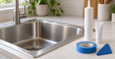 Conceptual image of unbranded sealant containers, blue tape and a finishing tool beside a dry stainless-steel kitchen sink.