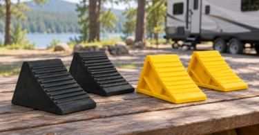 Conceptual image of black rubber and yellow plastic wheel chocks on a picnic table near a parked RV.