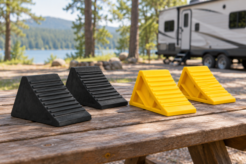Conceptual image of black rubber and yellow plastic wheel chocks on a picnic table near a parked RV.