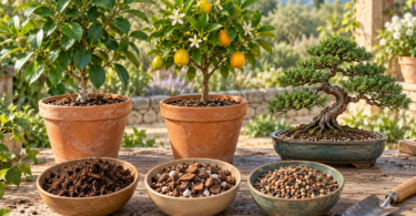 Conceptual illustration of a potted broadleaf tree, citrus tree and bonsai beside three bowls of growing media and a trowel on a garden bench.