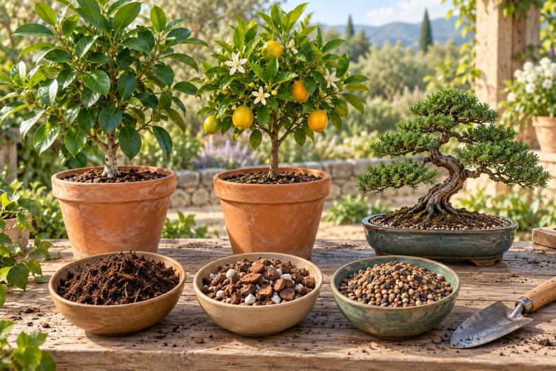 Conceptual illustration of a potted broadleaf tree, citrus tree and bonsai beside three bowls of growing media and a trowel on a garden bench.