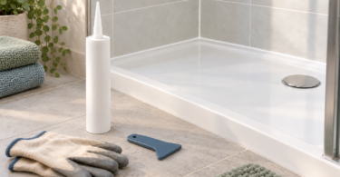 Conceptual image of an unbranded sealant cartridge, finishing tool and gloves beside a dry tiled shower tray.
