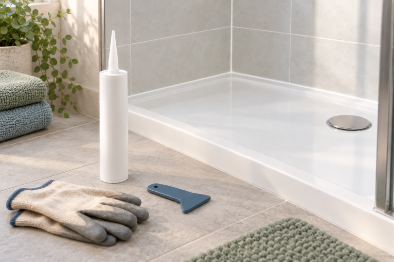 Conceptual image of an unbranded sealant cartridge, finishing tool and gloves beside a dry tiled shower tray.