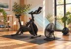 Conceptual illustration of an indoor exercise bike with two unbranded floor fans and soft airflow arcs.