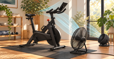 Conceptual illustration of an indoor exercise bike with two unbranded floor fans and soft airflow arcs.