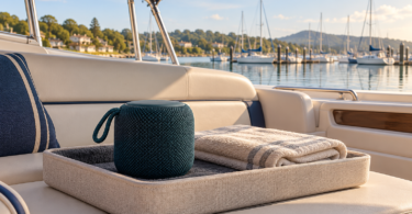 Conceptual illustration of an unbranded portable speaker and folded towel in a dry tray on a shaded boat bench.