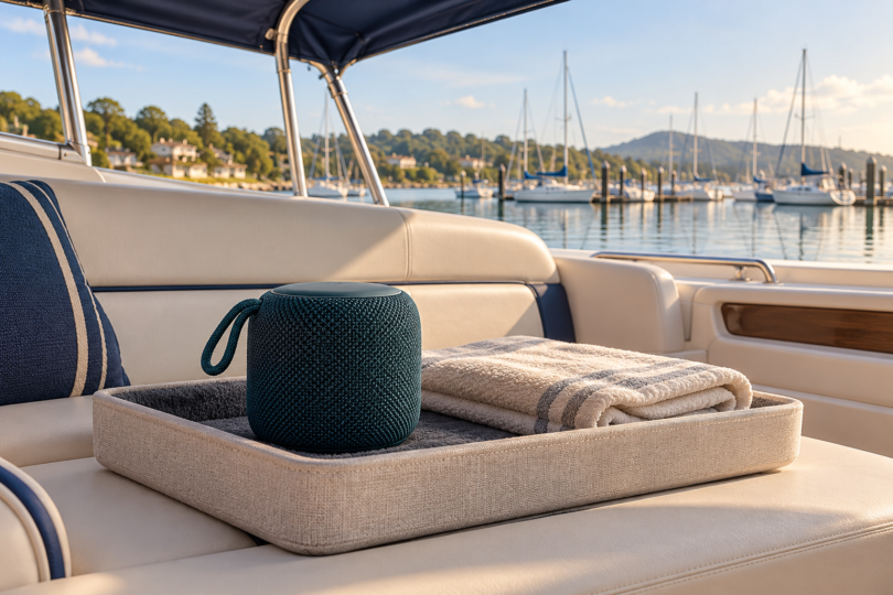 Conceptual illustration of an unbranded portable speaker and folded towel in a dry tray on a shaded boat bench.