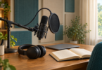 Conceptual illustration of an unbranded microphone and pop filter beside headphones, a laptop and an open book.
