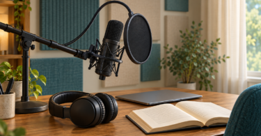 Conceptual illustration of an unbranded microphone and pop filter beside headphones, a laptop and an open book.