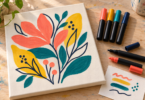 Conceptual illustration of colorful botanical artwork on artist canvas beside unbranded paint markers and a scrap color-test card.