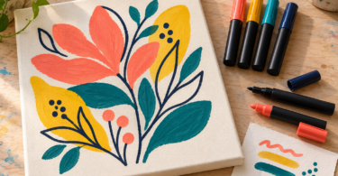 Conceptual illustration of colorful botanical artwork on artist canvas beside unbranded paint markers and a scrap color-test card.