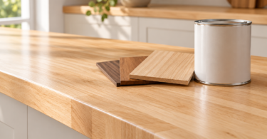 Conceptual illustration of a wood countertop with sample boards and an unbranded closed finish can.