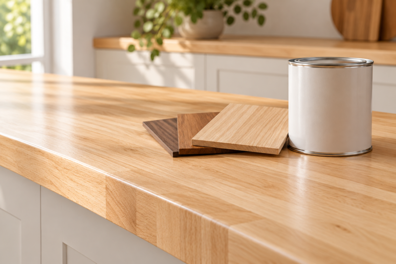 Conceptual illustration of a wood countertop with sample boards and an unbranded closed finish can.