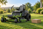 Conceptual illustration of an unbranded zero-turn mower parked on grass beside a closed parts box.