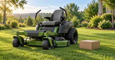 Conceptual illustration of an unbranded zero-turn mower parked on grass beside a closed parts box.