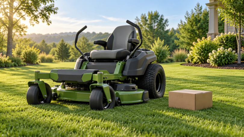 Conceptual illustration of an unbranded zero-turn mower parked on grass beside a closed parts box.
