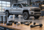 Conceptual illustration of a pickup truck with suspension components on a workshop bench.
