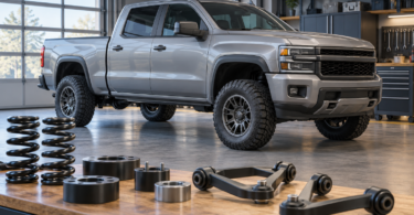 Conceptual illustration of a pickup truck with suspension components on a workshop bench.