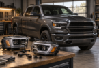 Conceptual illustration of a pickup truck with headlight assemblies and connectors on a workshop bench.