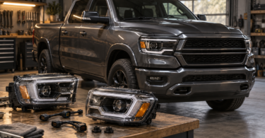 Conceptual illustration of a pickup truck with headlight assemblies and connectors on a workshop bench.