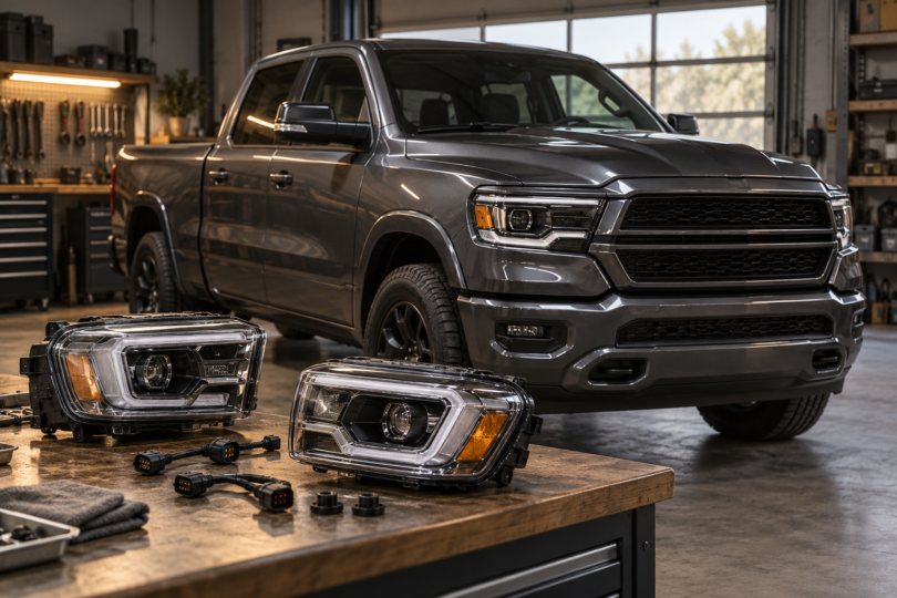 Conceptual illustration of a pickup truck with headlight assemblies and connectors on a workshop bench.
