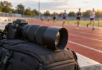 Generic black camera and telephoto lens on a padded bag beside a running track