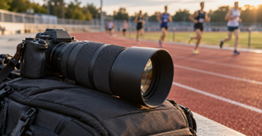 Generic black camera and telephoto lens on a padded bag beside a running track