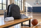 Generic charcoal sports backpack, shoes, towel and water bottle on a bench beside a basketball court