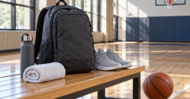 Generic charcoal sports backpack, shoes, towel and water bottle on a bench beside a basketball court