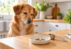 Golden dog looking at three generic dog biscuits in a dish beside a measuring scoop