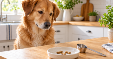 Golden dog looking at three generic dog biscuits in a dish beside a measuring scoop