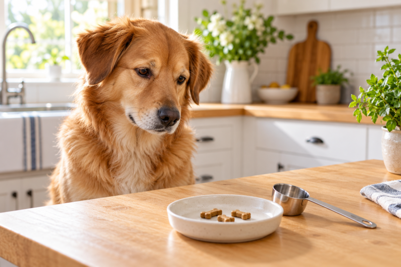 Golden dog looking at three generic dog biscuits in a dish beside a measuring scoop