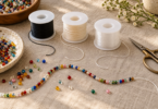 Unlabeled spools of black, cream and clear beading cord with colorful beads and scissors on a linen mat