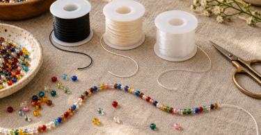 Unlabeled spools of black, cream and clear beading cord with colorful beads and scissors on a linen mat